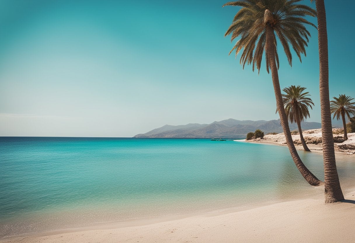 En solrig strand med turkisblåt vand, hvidt sand og palmer. Et rejsebureau skilt reklamerer med last-minute tilbud til Kreta.