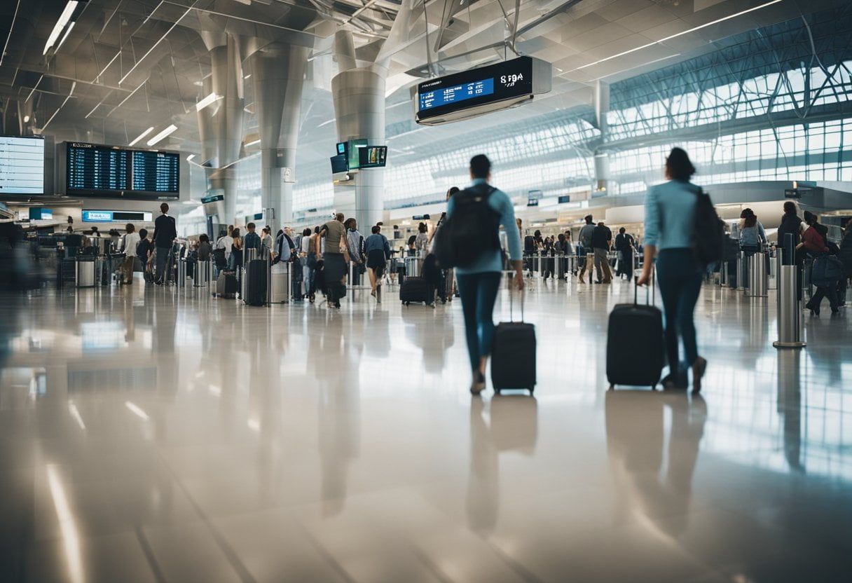 En travl lufthavnsterminal med folk, der skynder sig for at nå deres sidste øjeblik-fly til Kreta for en billig ferie.