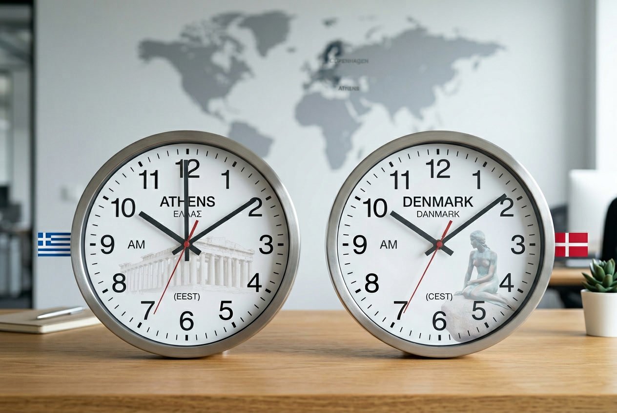 Tidsforskel mellem Athen og Danmark